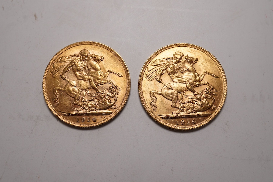 British and Australia gold coins, George V, two gold sovereigns, 1914, EF and 1914P, EF